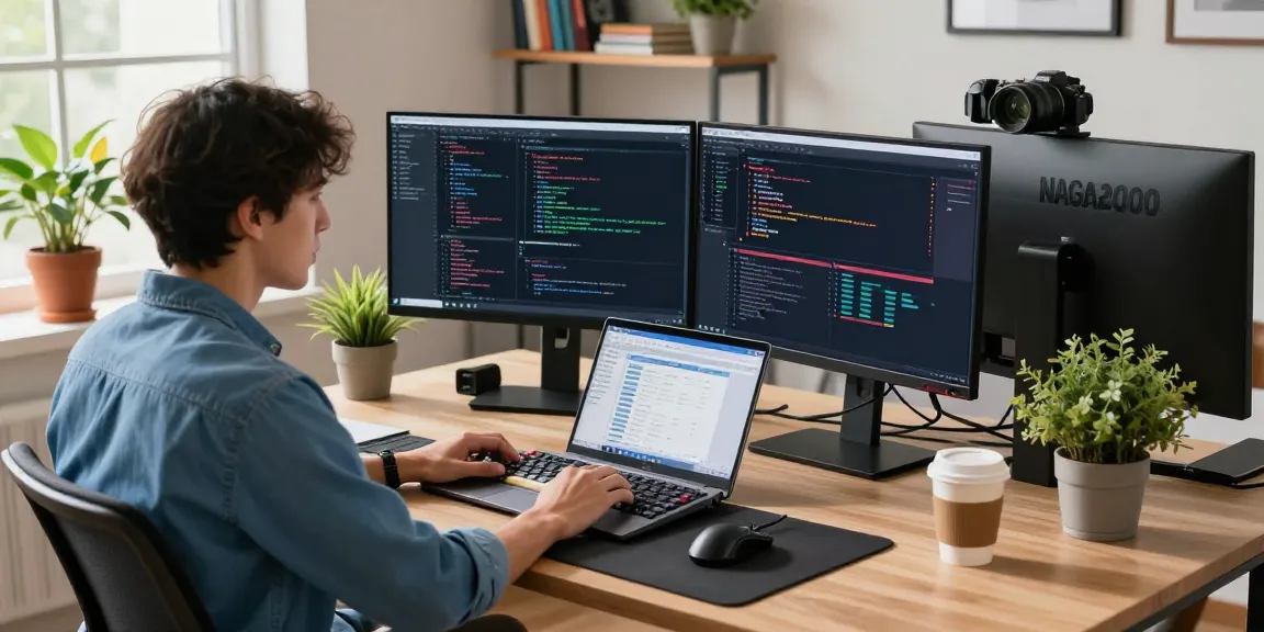 Developer coding NAGA2000 application in a modern office with tech gadgets.