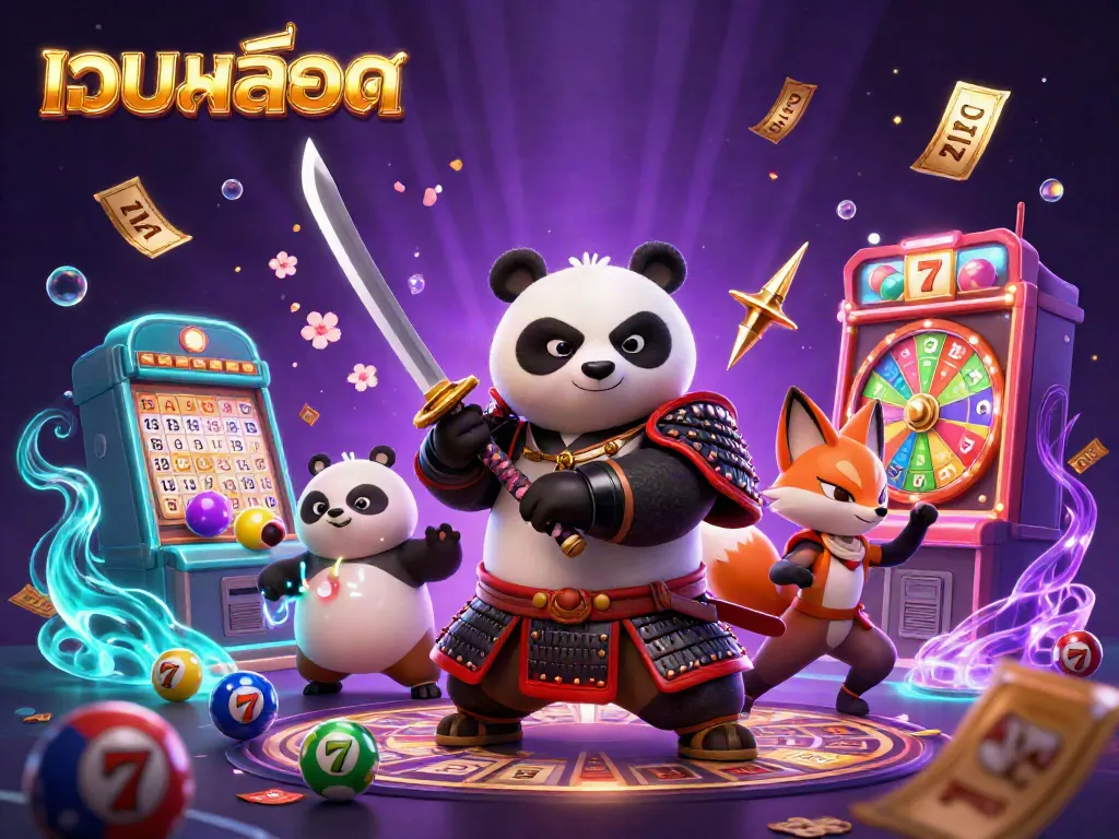 Engage with เว็บสล็อต as a fierce samurai panda and ninja fox surround colorful casino elements in a vibrant 3D scene.