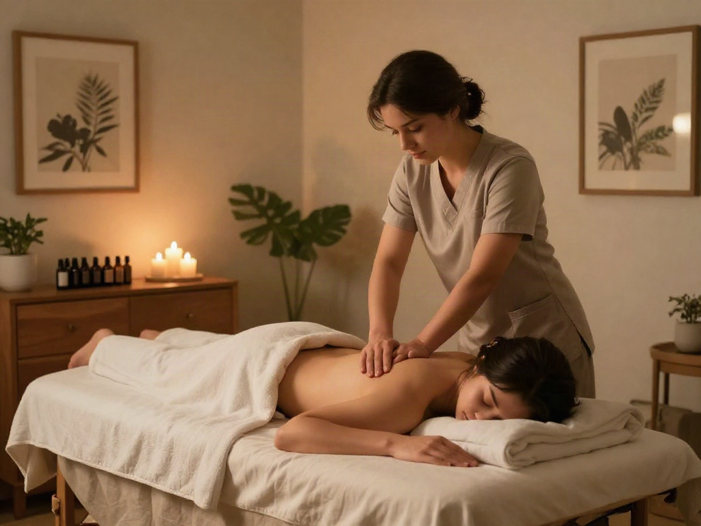 구로출장마사지 therapy scene with massage therapist in a calming bedroom.