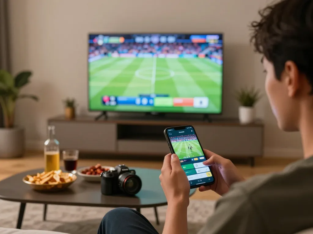 Engaging mobile sports betting action showcasing tylekeonhacai88 in a modern living room setup.