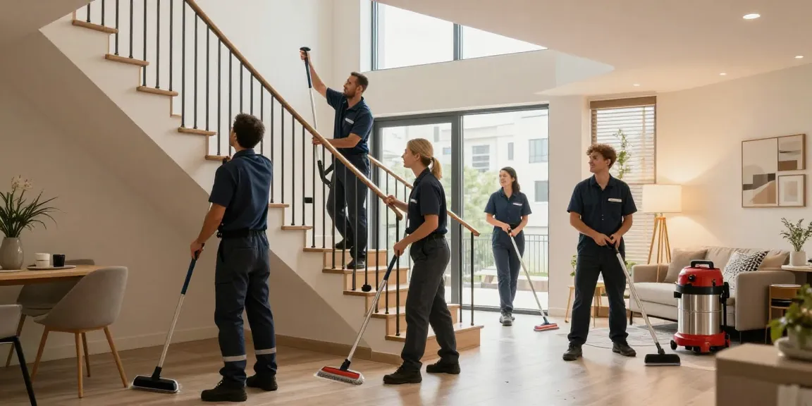 Professionelle Treppenhausreinigung Dortmund mit einem Team von Reinigern und moderner Ausrüstung in einem urbanen Gebäude.
