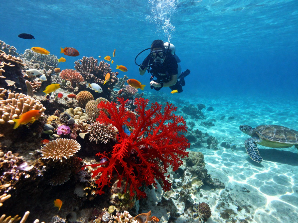 Underwater scene of diver exploring coral reef with vibrant microalgae astaxanthin, showcasing marine biodiversity and health benefits.