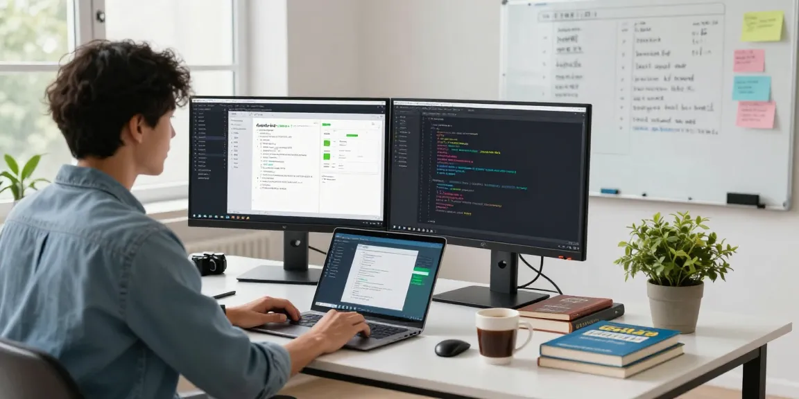 Build Android apps from scratch in a modern tech workspace with a developer at dual monitors and Android Studio.