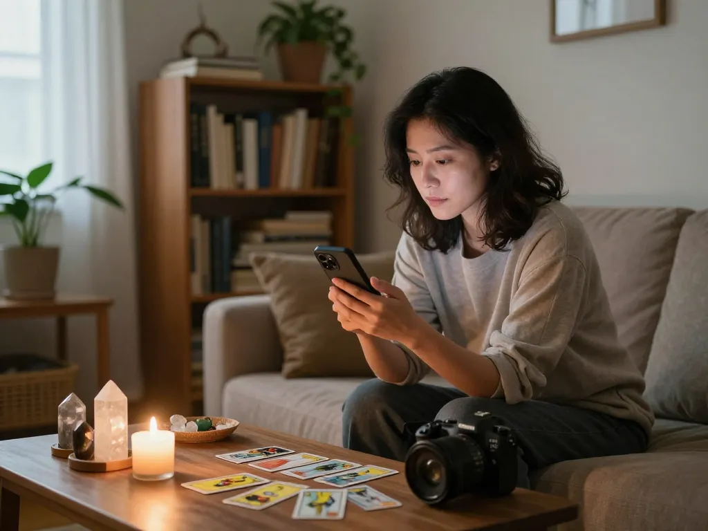 温かさと静けさを反映した居心地の良い場所でのスピリチュアルリーダーとの電話占い当たるに参加する。
