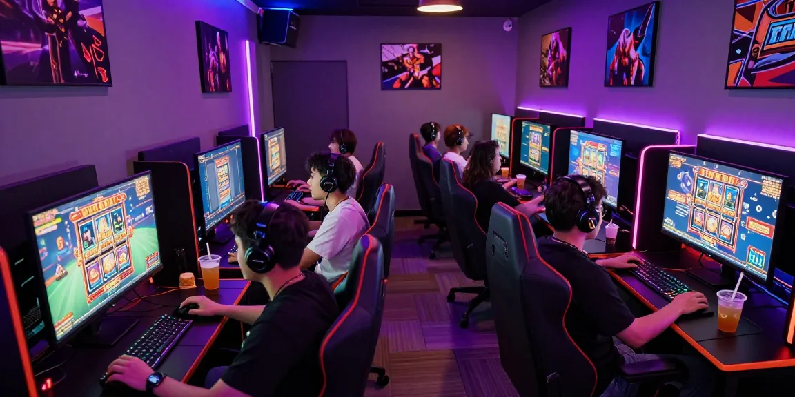 Players enjoying situs depo 5rb slot games in a lively gaming lounge with vibrant LED lights.
