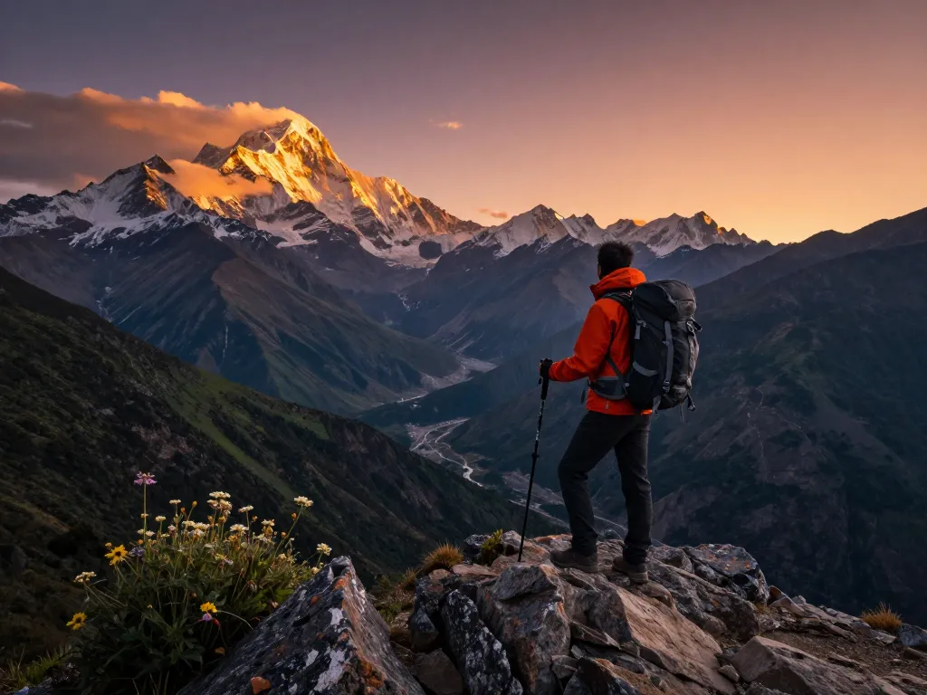 Scenic view of Everest Base Camp Trek with Helicopter Return at sunset, featuring a hiker overlooking majestic Himalayan peaks and valleys.