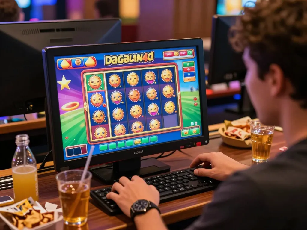 Engaging in dagelan4d slots on a digital device in a cozy home gaming setup, showcasing responsible gaming.