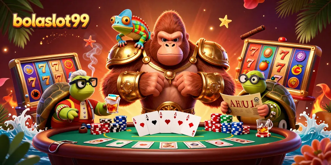 Experience the dynamic energy of bolaslot99 with a powerful gorilla in gold armor and vibrant casino elements.