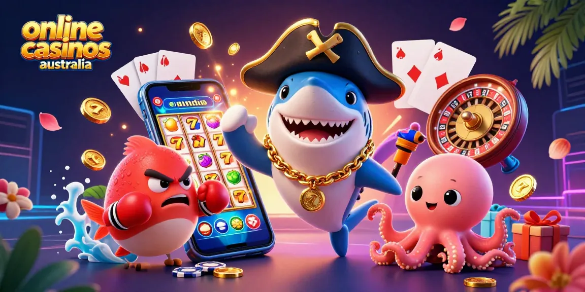 Engage with online casinos Australia gameplay featuring a dynamic pirate shark, boxing pufferfish, and octopus with coins.