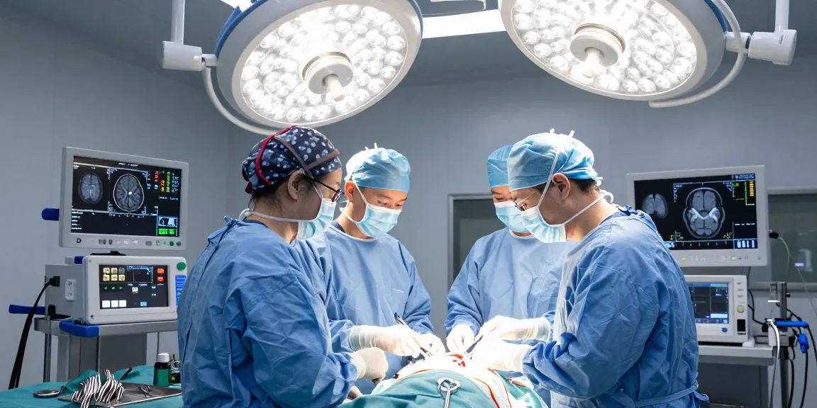 Focused brain tumor surgery scene featuring advanced medical equipment and skilled surgeons for beyin tümörü ameliyatı.