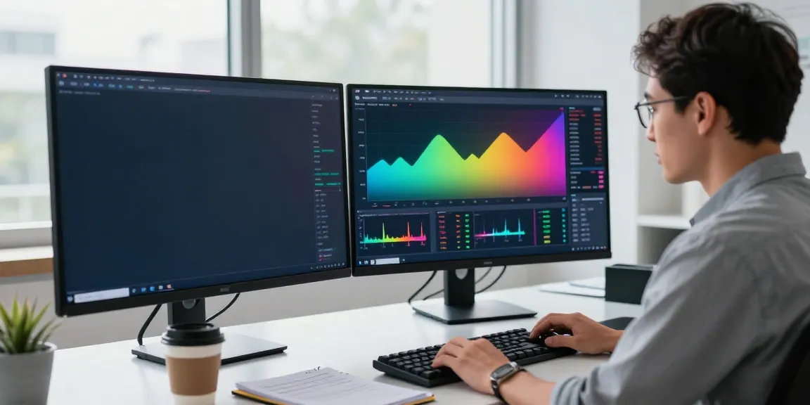 Trader using TradingView platform at a modern workspace with dual monitors.