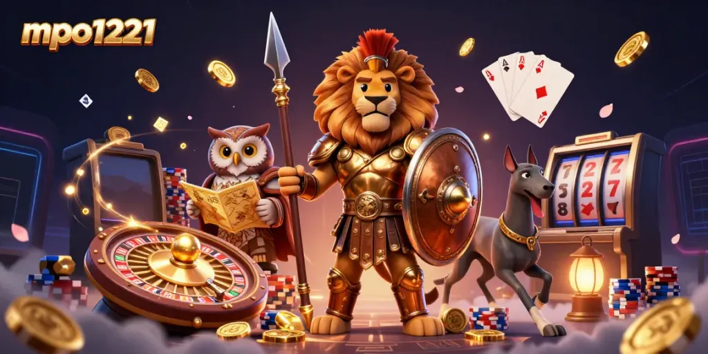 MPO1221 showcases a lively 3D scene with a Spartan lion, owl strategist, and greyhound surrounded by casino elements like coins and cards.