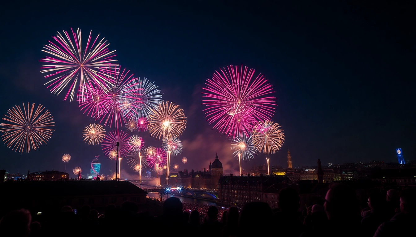 Stunning fireworks uk display over a lively city skyline highlighting colorful celebrations.