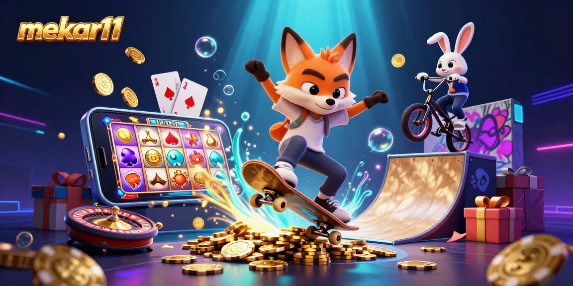 Mekar11 showcases a thrilling gaming scene with cartoon characters engaging in dynamic casino action.