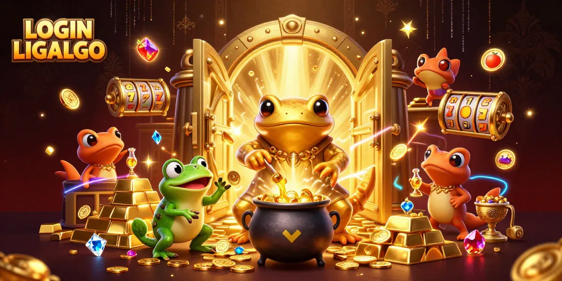 Engage in your gaming journey with LOGIN LIGALGO's dynamic casino experience showcasing vibrant slot reels and golden treasures.