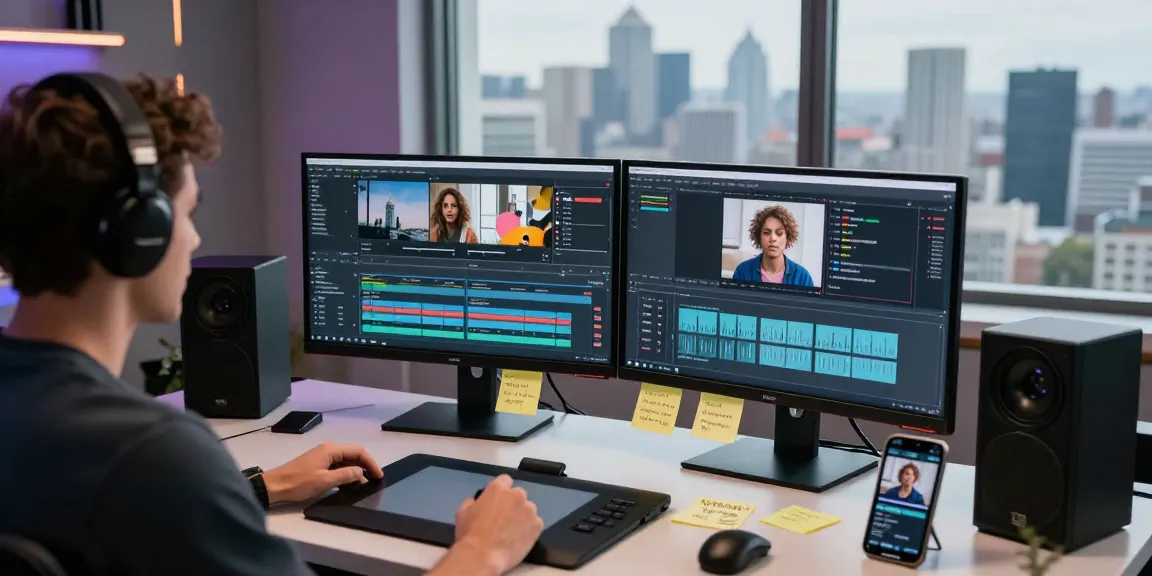 Content creator analyzing AI video prompt generation in a dynamic video studio.