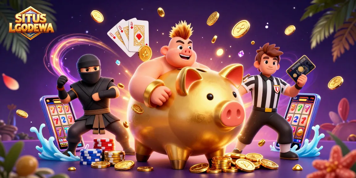 SITUS LGODEWA showcases a dynamic 3D illustration featuring an enormous piggy bank sumo wrestler, engaging in an exciting casino scene.