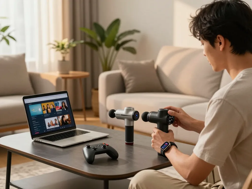 Person using affordable tech gadgets in a cozy living room with stylish decor.