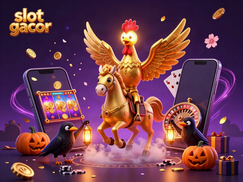 Experience slot gacor with a golden rooster leading a midnight casino scene filled with games and mystical elements.