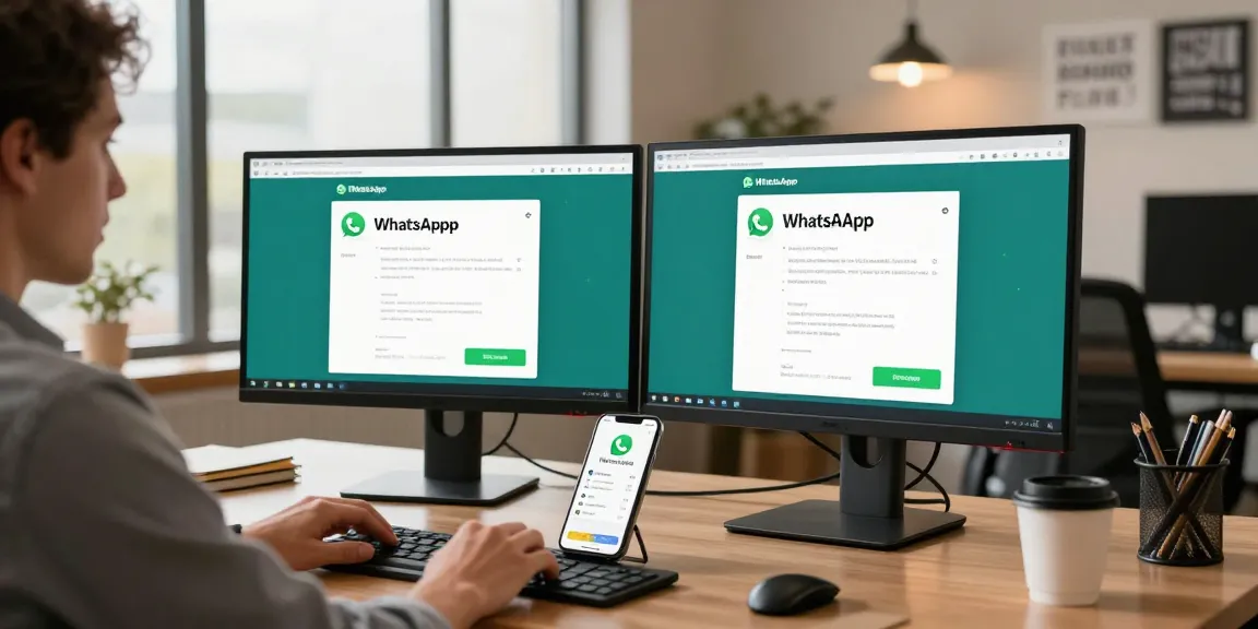 Using WhatsApp網頁版 on a modern desktop in a vibrant office setting, illustrating productivity and technology.