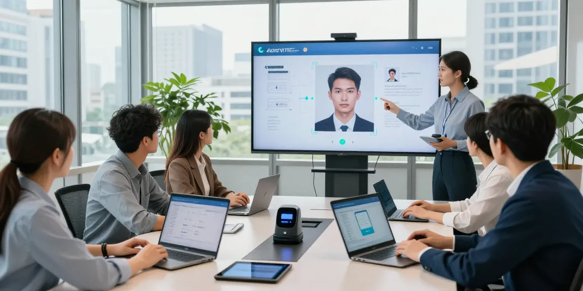 Team discussing an age verification system in a modern office with technology integration.