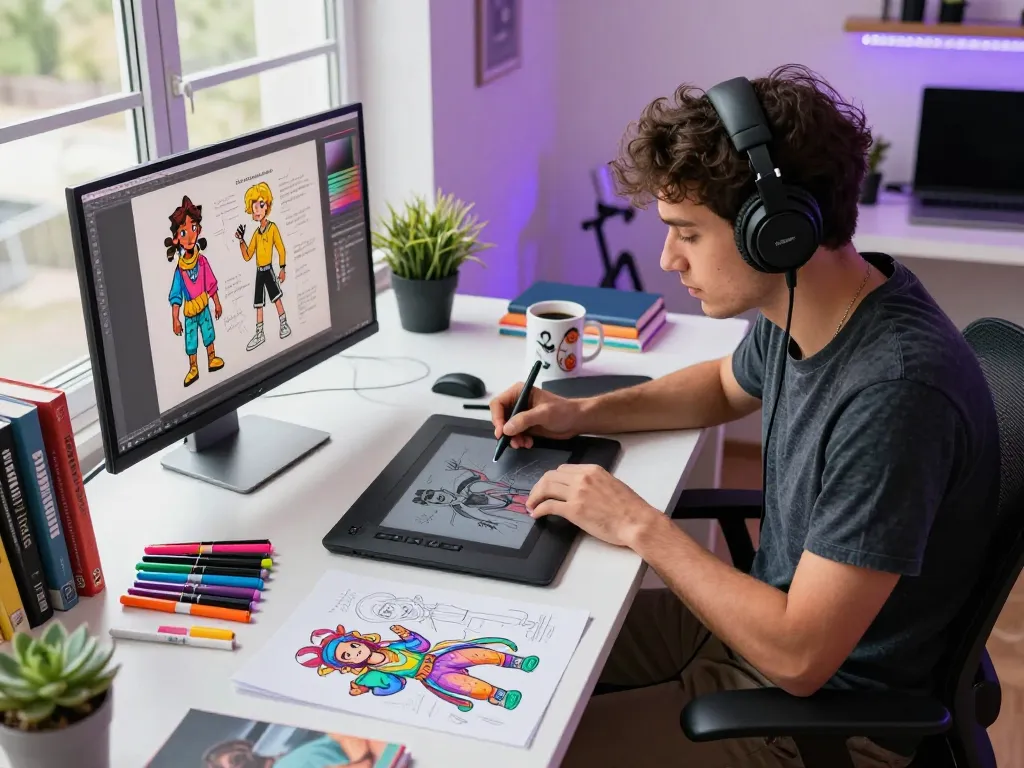 An artist designing innovative NSFW AI characters in a vibrant digital art studio.