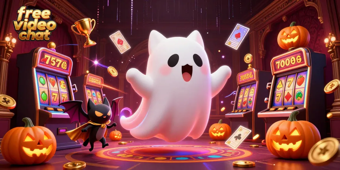Engage with free video chat in a vibrant casino scene featuring a ghost cat and vampire bat.