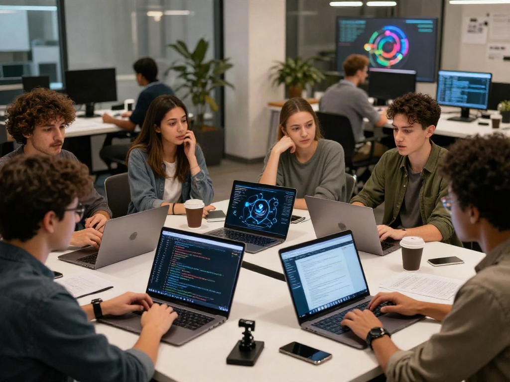 Group discussing the hidden wiki in a co-working space, focusing on dark web security.