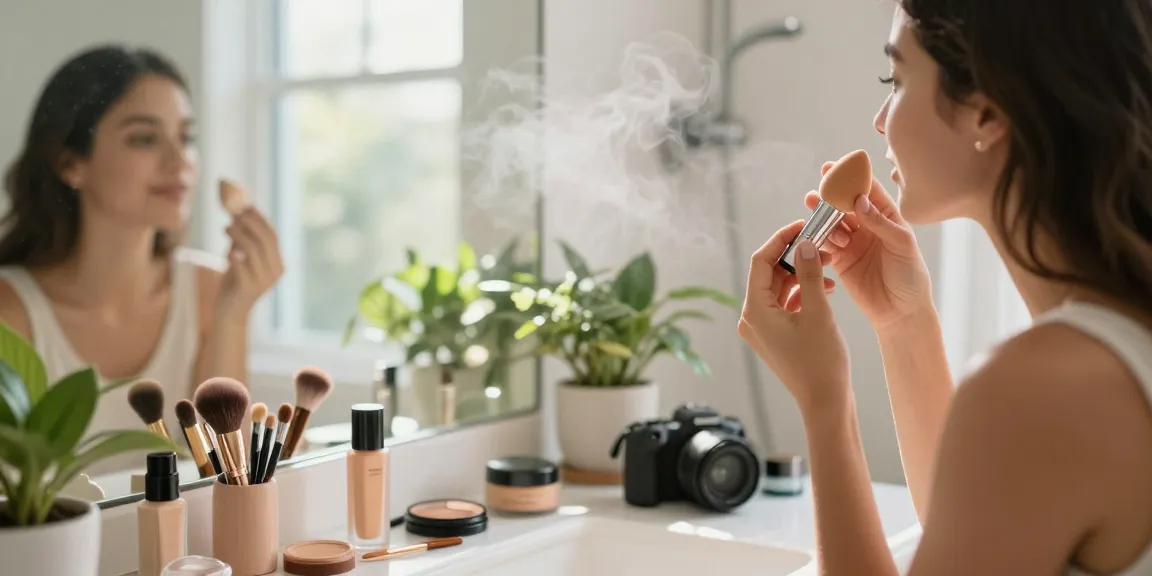 Woman applying makeup using a silicone beauty blender in a bright bathroom.