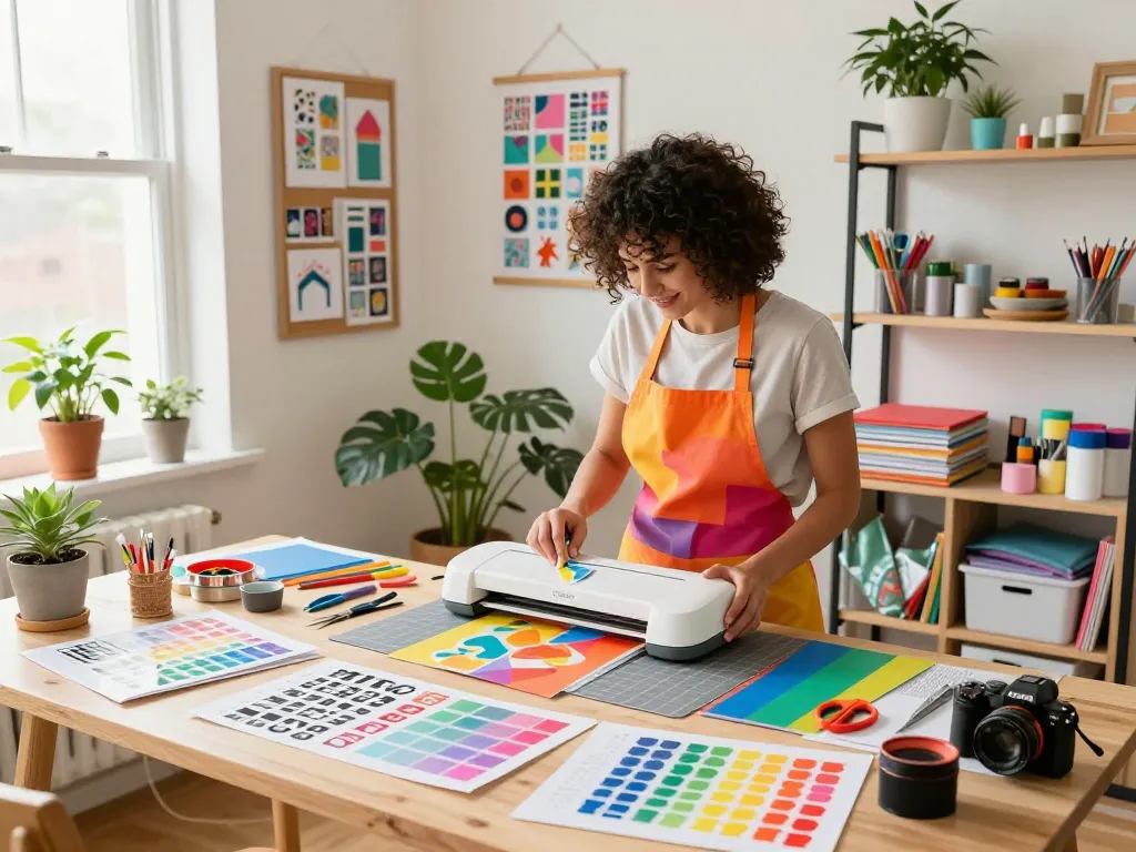 Craft enthusiast creatively using SVG bundle files with a Cricut machine in a vibrant home studio.