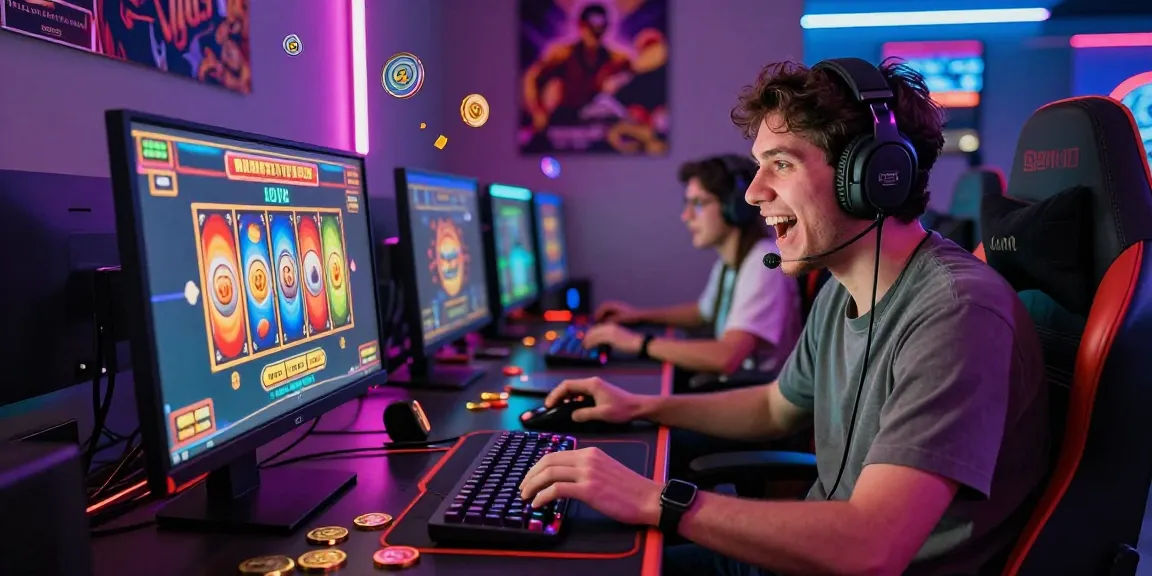 Excited player engaging with slot dana game on desktop setup, colorful gaming elements, vibrant atmosphere.