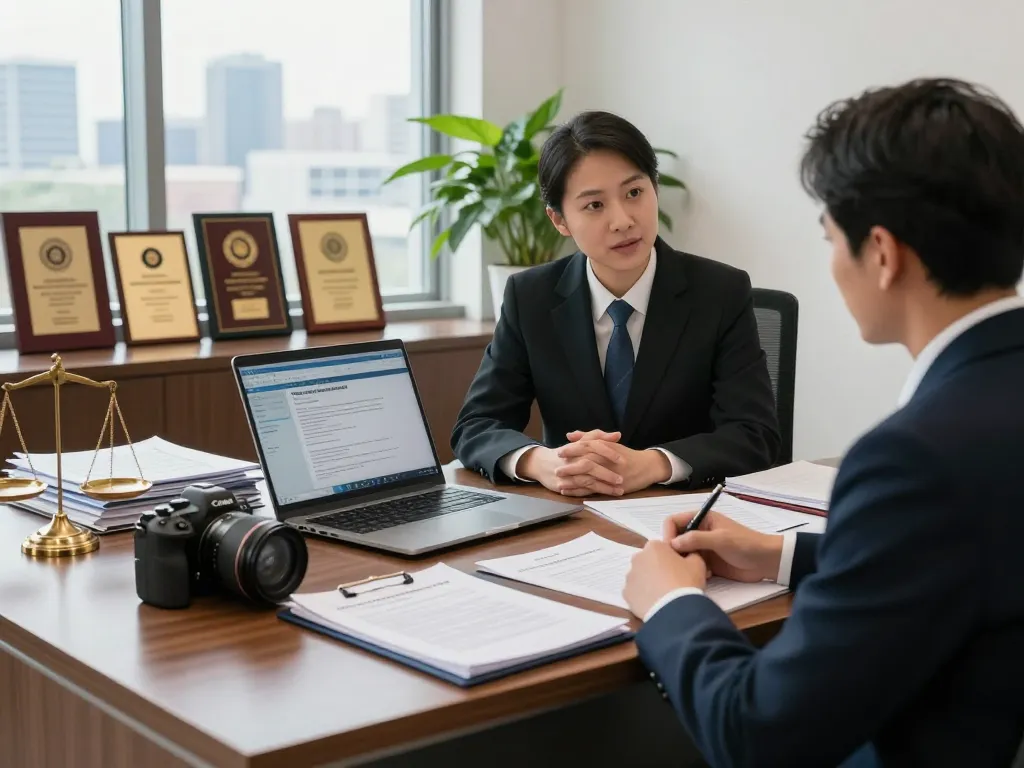 Engaged lawyer advising client in a professional setting about USA lawyers.