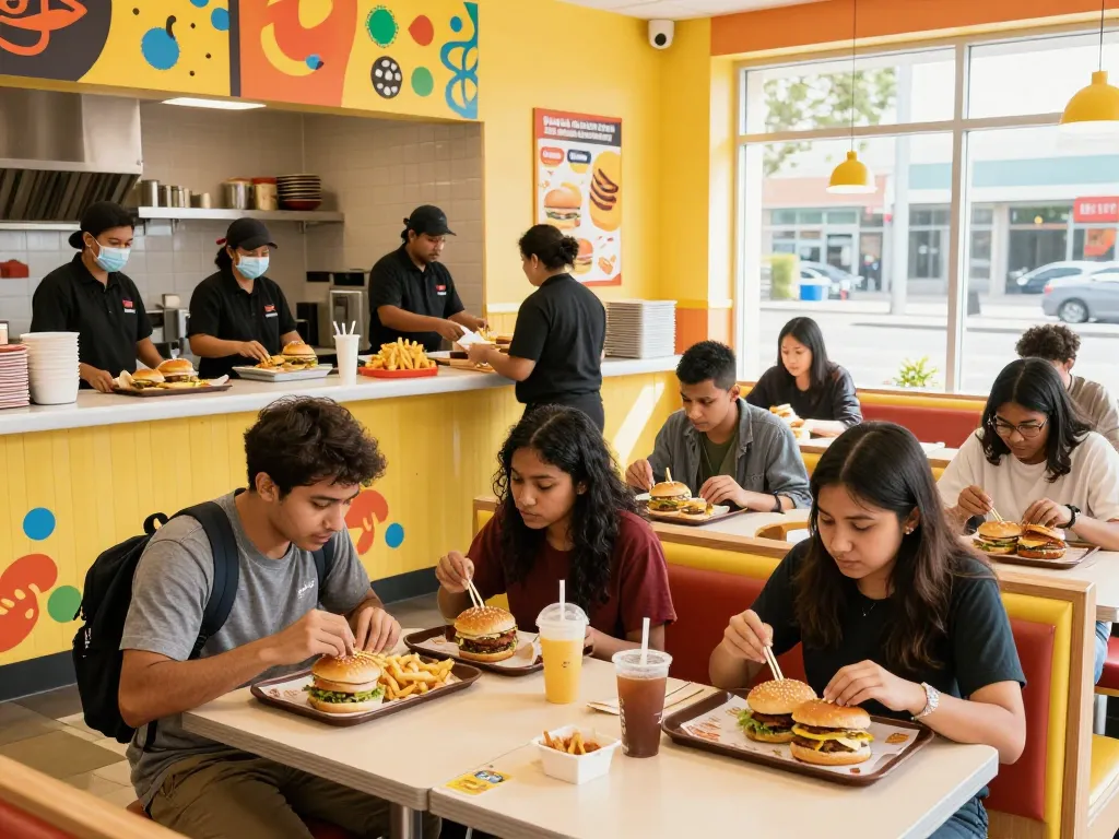 Delicious fast food menu featuring customers enjoying meals and staff preparing dishes in a vibrant restaurant.