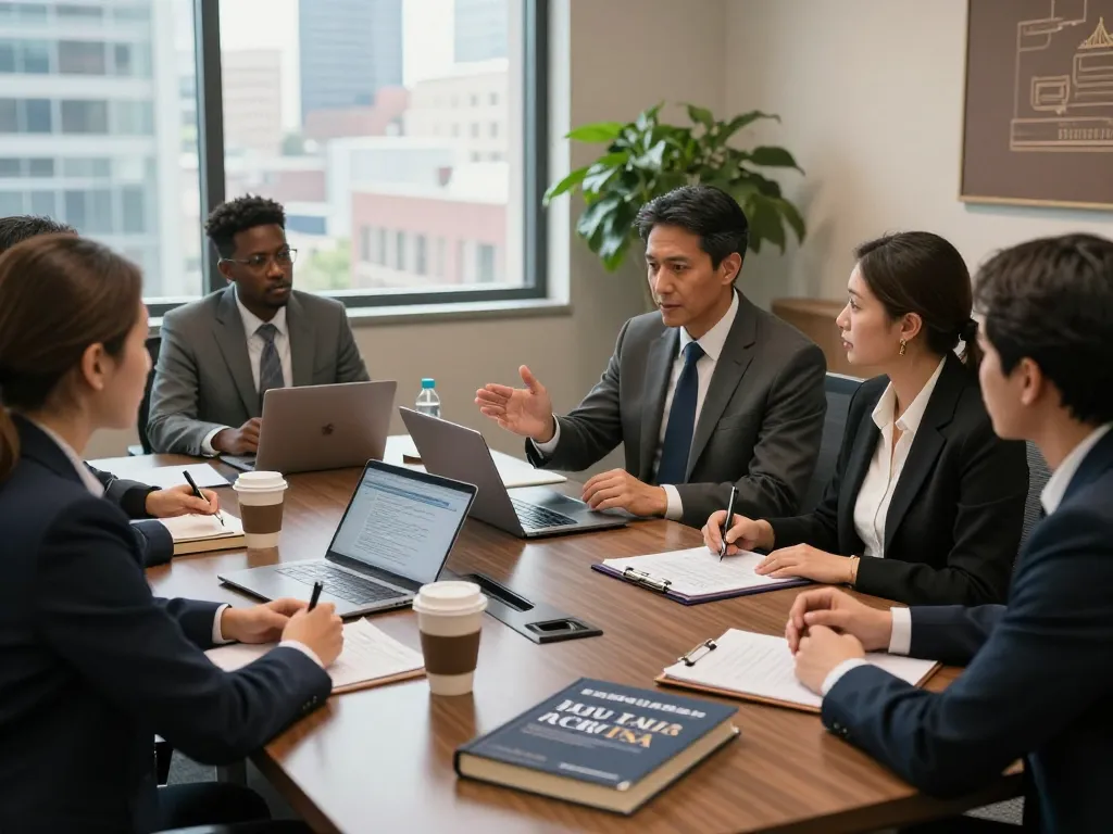 Consultation in a legal help USA office, showcasing a diverse group of clients discussing their case with an attorney.
