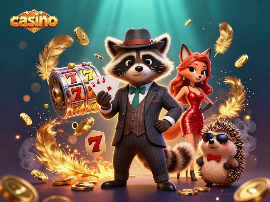 Play casino games with a charismatic raccoon and friends in an engaging 3D scene.