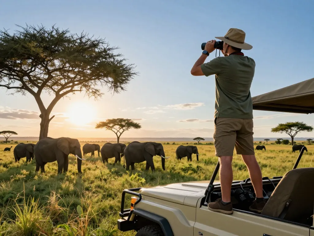 Exciting view of a traveler on Tanzania safari tours, observing elephants in the Serengeti.