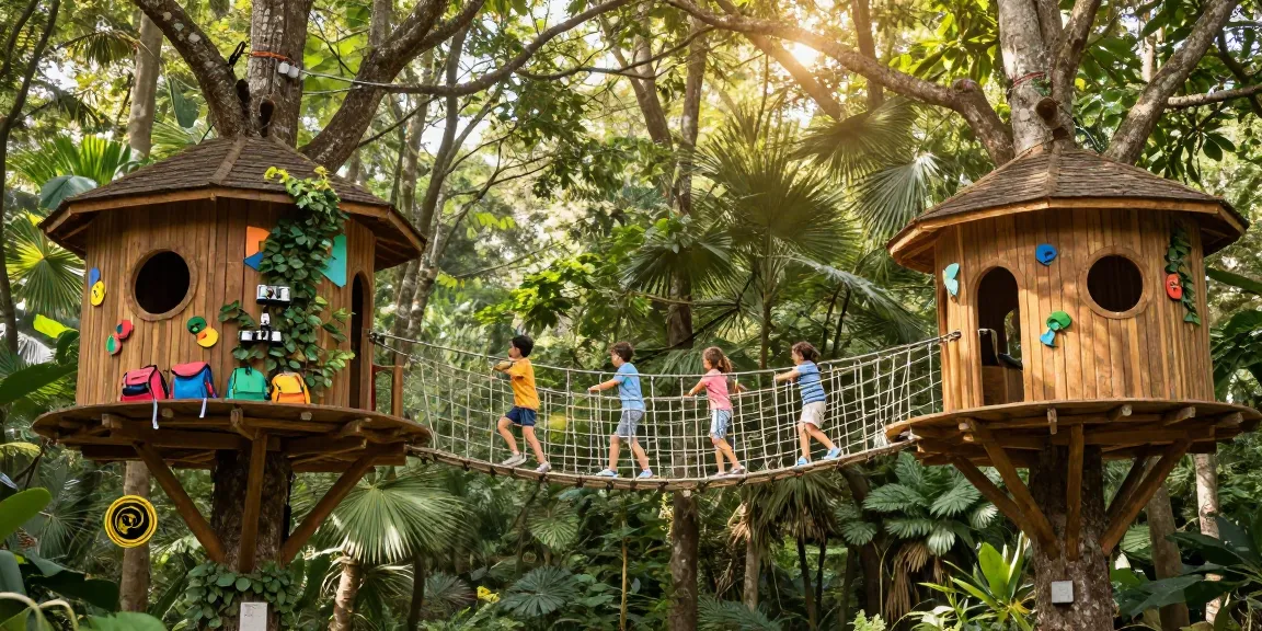Children joyfully crossing a rope bridge design connecting two treehouses in a scenic forest.