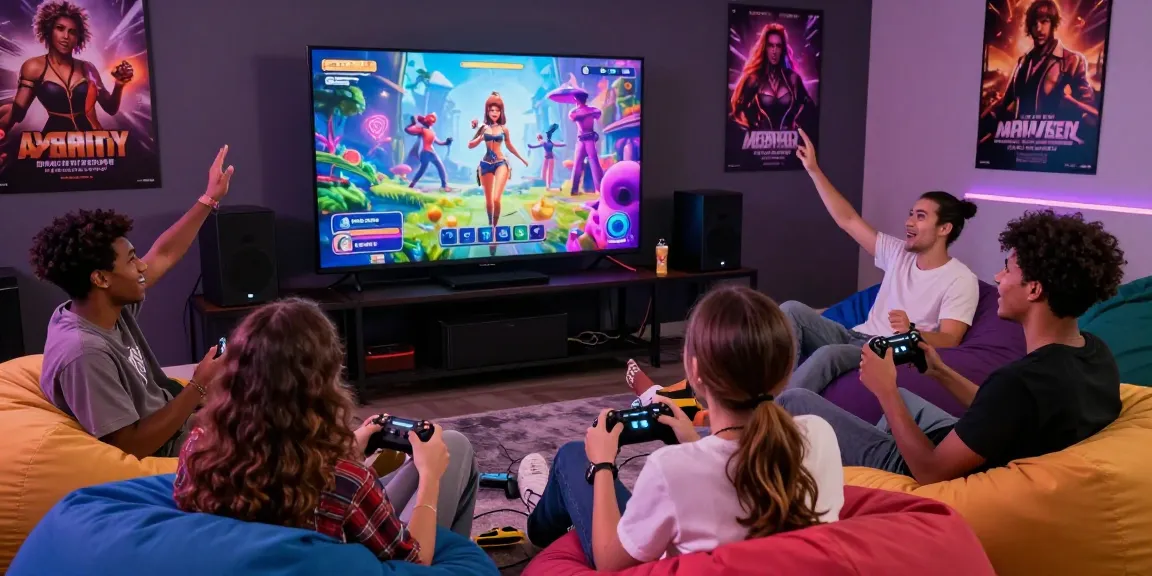 Group of friends enjoying a vibrant sex game night with gaming consoles and colorful atmosphere.