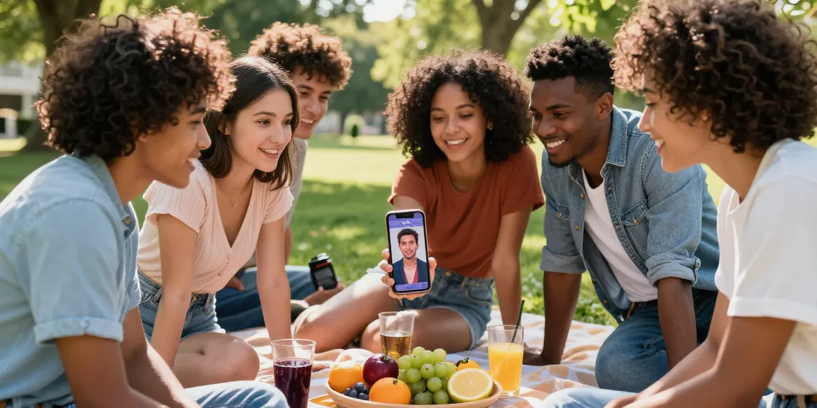 Friends discovering which celebrities they look like using a fun AI app in an outdoor picnic setting.