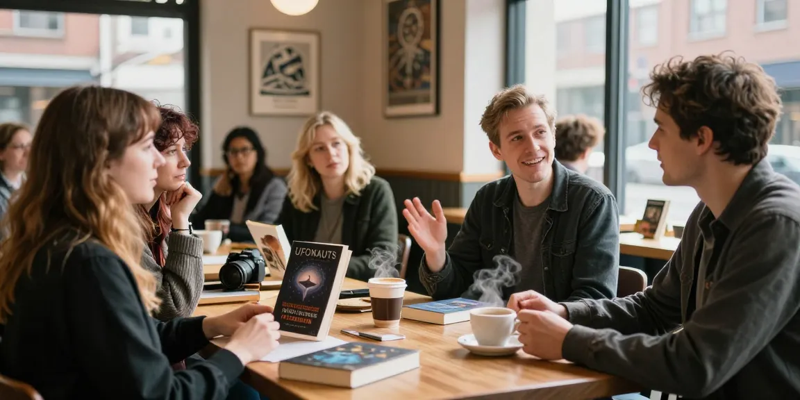 Engaging literary discussion about UFOnauts at https://tallengreenfield.com with T Allen Greenfield in a cozy café.