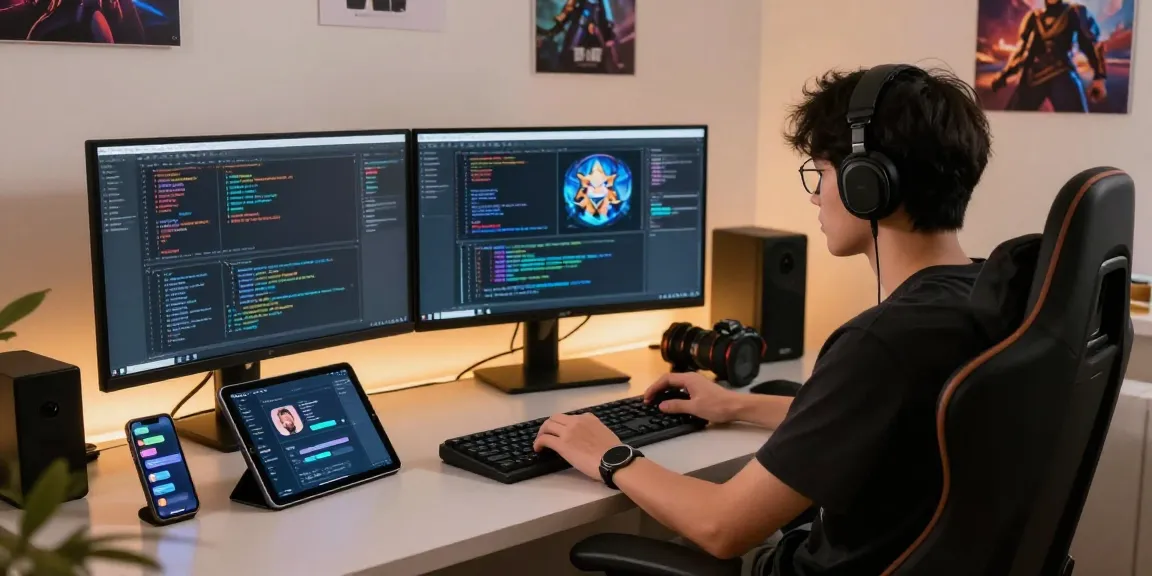 AI NSFW developer at workstation surrounded by tech, creating digital content in a modern office