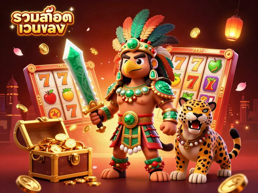 Engage with the exciting world of รวมสล็อตเว็บตรง as a vibrant Aztec warrior character battles fortune with slot reels and treasures.