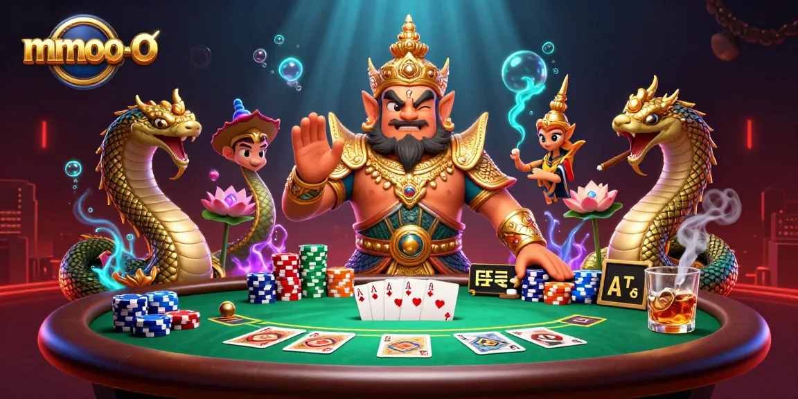 Engage in thrilling gaming experiences at mmoo-o with a vibrant scene of friendly temple guardian and poker action.