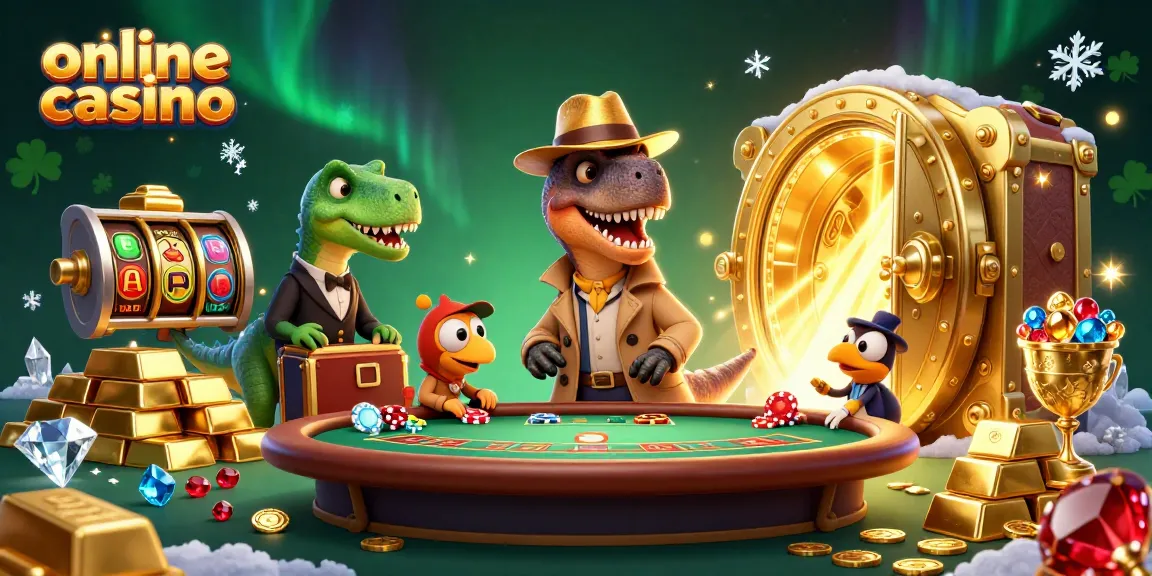 Velociraptor at online casino blackjack table with gold treasure and slot reels.