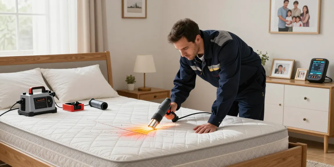 Bed bug heat treatment in a residential bedroom by a professional exterminator, ensuring effective pest control.
