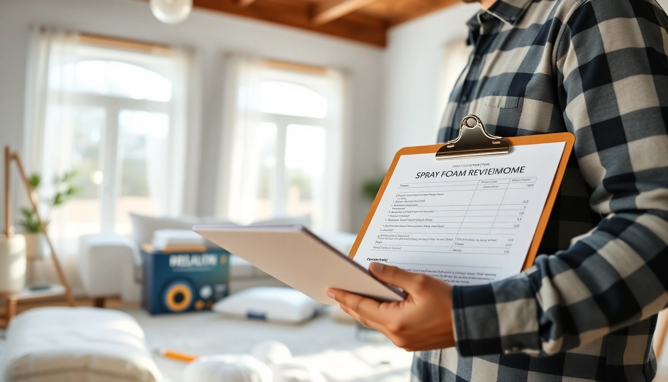 Evaluate a spray foam removal estimate with a contractor in a well-lit living room, showcasing precise assessment.