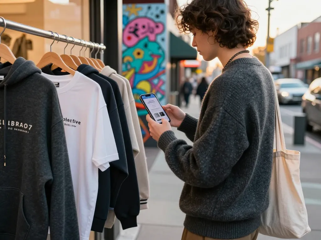 Stylish shopper exploring eco-friendly fashion at revelcollective.myshopify.com in an urban setting.