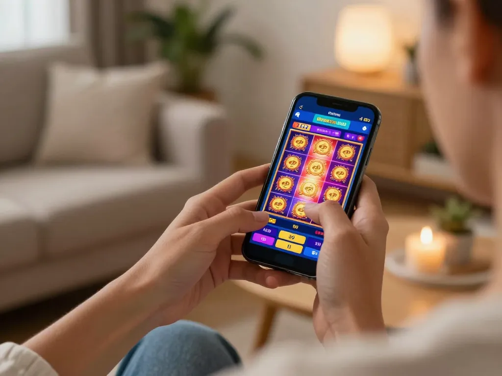 Experience exciting online gaming with jus77 slot app on smartphone in cozy living room.