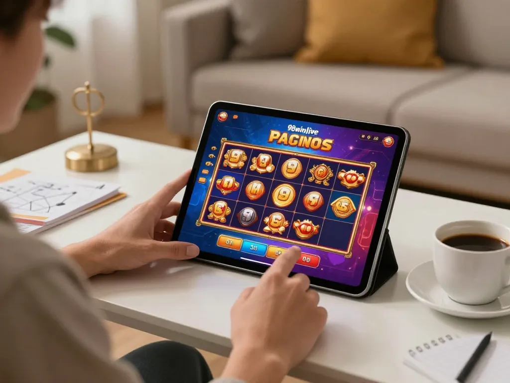 Player enjoying 98winlive on tablet, immersed in vibrant online casino action at home.