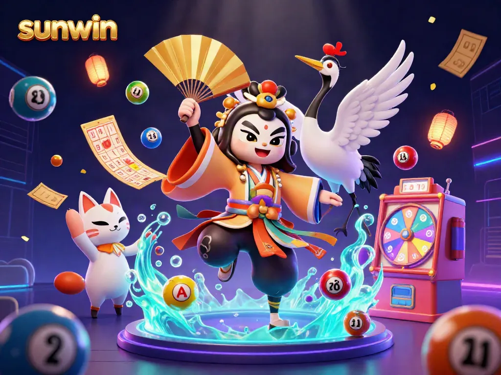 Engage with the sunwin casino experience, featuring a vibrant scene of traditional characters and lottery fun.